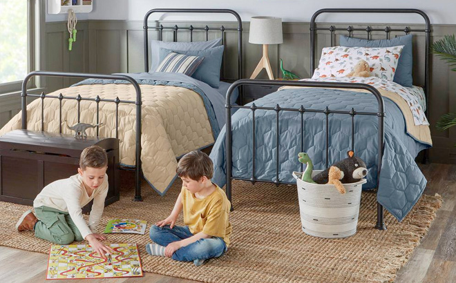 Reversible 2 Piece Steel Blue and Khaki Hexagon Cotton Twin Quilt Set