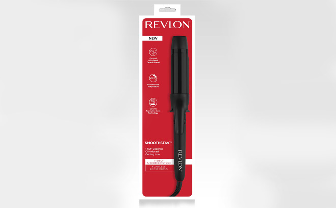 Revlon SmoothStay Coconut Oil Infused Curling Iron on a Gray Background