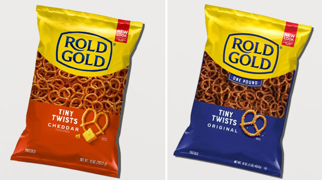 Rold Gold Pretzel Cheddar Sticks on the Left Rold Gold Pretzel Tiny Twists on the Right