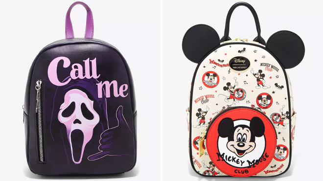 Scream Ghost Face Call Me Mini Backpack on the Left and Disney Her Universe Mickey Mouse Mini Backpack on the Right