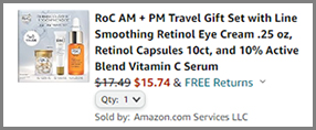 Screenshot of RoC 3 Piece Skincare Travel Set Discounted Final Price at Amazon Checkout