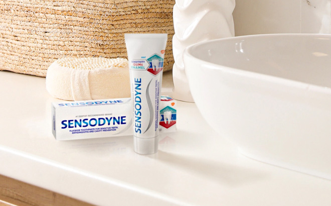 Sensodyne Sensitivity Gum and Enamel Toothpaste in the Bathroom