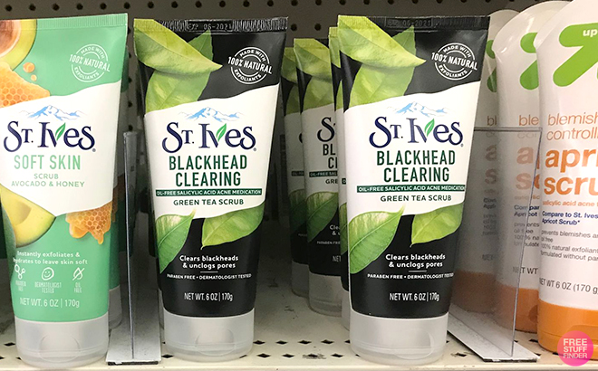 Several Tubes of St Ives Blackhead Clearing Face Scrub on a Shelf