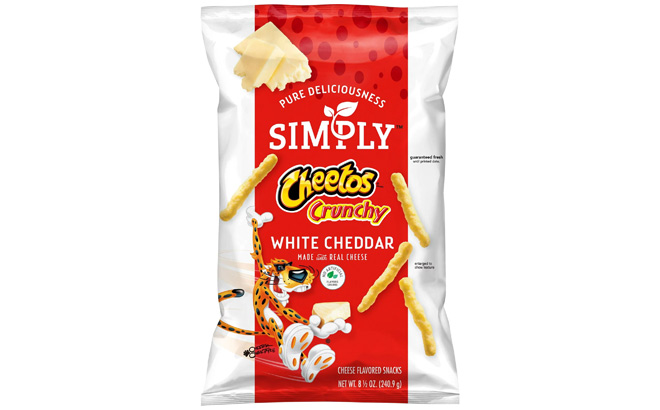 Simply Cheetos White Cheddar Crunchy Cheese Flavored Snacks on a Plain Background