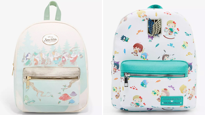 Snow White Working Dwarfs Mini Backpack on the Left and Attack On Titan X Hello Kitty Mini Backpack on the Left