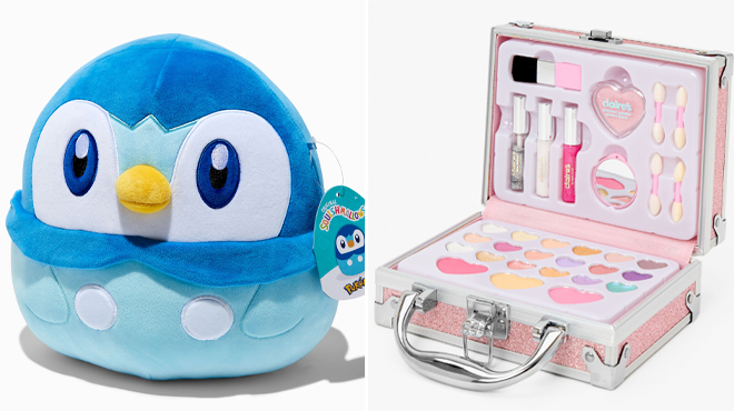 Squishmallows Pokemon Piplup Plush Toy and Pink Glitter Travel Case Makeup Se