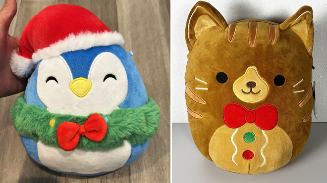 Squishmallows Puff Blue Penguin with Wreath and Hat Medium Plush and Squishmallows Gingerbread Cat Medium Plush