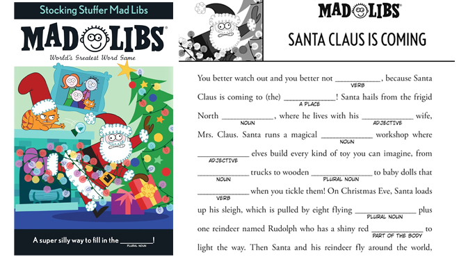 Stocking Stuffer Mad Libs Worlds Greatest Word Game Paperback on the Left and a Sample Page on the Right