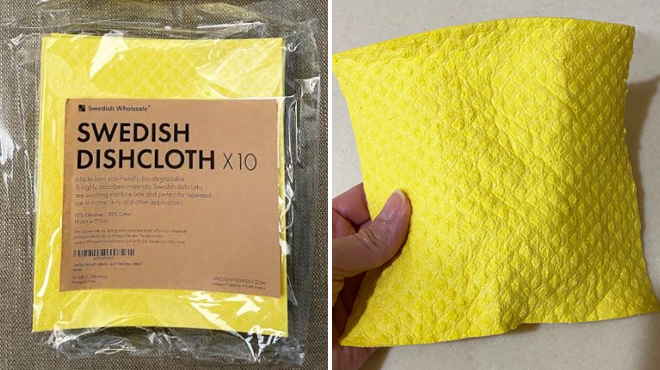 Swedish Dish Cloths 10 Count on the Left and a Hand Holding the Same Item on the Right