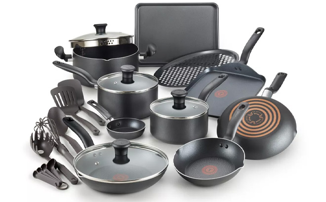 T fal Simply Cook Nonstick Cookware 20 Piece Set on a Plain Background