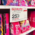 Target Toy coupon circle sign on Barbie Toys shelves