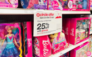 Target Toy coupon circle sign on Barbie Toys shelves