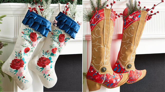 The Pioneer Woman 20 inch Christmas Stockings 2 pk on the left and The Pioneer Woman 20 Red Floral Boot Stockings 2 pk on the right