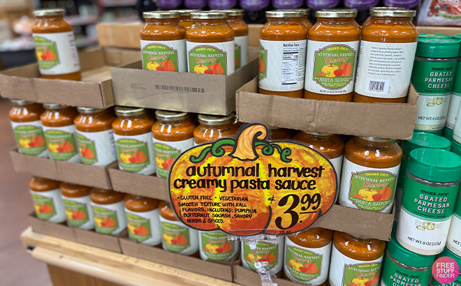 Trader Joes Autumnal Harvest Pasta Sauce on a Shelf