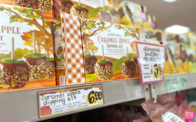 Trader Joes Caramel Apple Dipping Kit on a Shelf