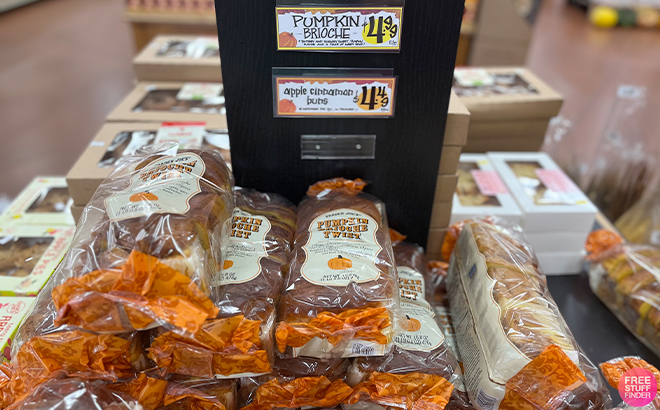 Trader Joes Pumpkin Brioche and Apple Cinnamon Buns on a Shelf