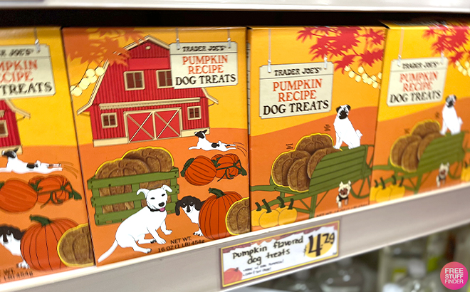 Trader Joes Pumpkin Recipe Dog Treats on a Shelf