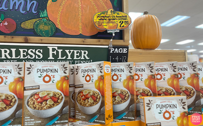 Trader Joes Pumpkin Toasted Whole Grain Cereal on a Shelf