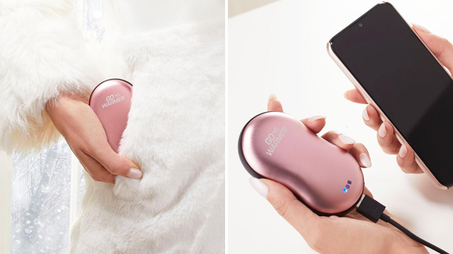 Two Images of Go Warmer Hand Heater with Power Bank and Flashlight in Rose Gold Color