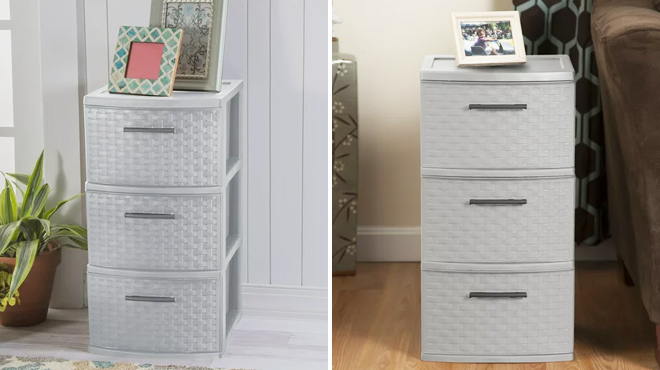 Two Images of Sterilite 3 Drawer Weave Tower in Cement Color