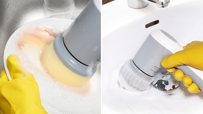 Two Images of a Hand Using an Electric Spin Scrubber for Cleaning