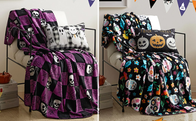 Two Walmart Halloween Throw Blankets on Chair