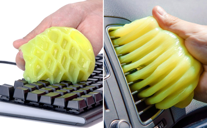 Universal Dust Cleaning Gel Being Used on a Keyboard and Car Vents