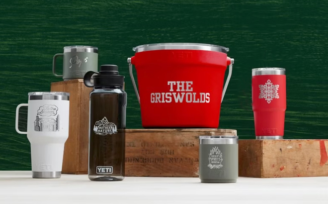 Various YETI Products with Free Customization on Green Background