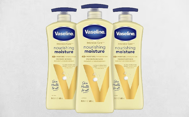 Vaseline Hand Body Lotion 3 Pack on a Gray Background