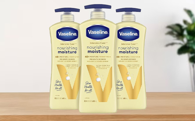 Vaseline Hand Body Lotion 3 Pack on a Table