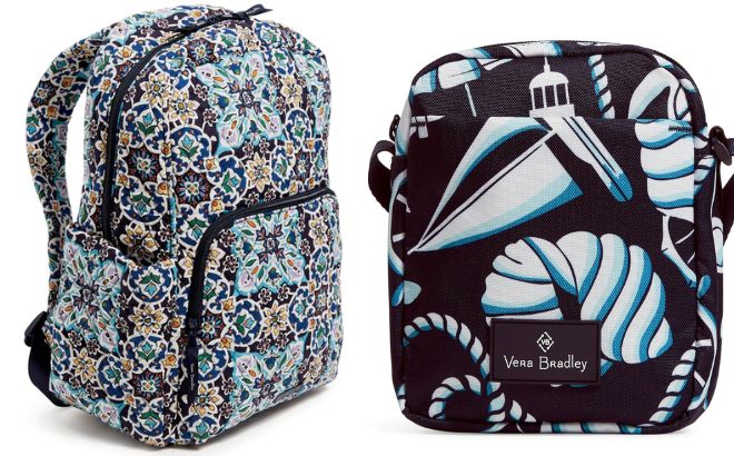 Vera Bradley Essential Backpack in Lisbon Medallion Cool Pattern on the Left Side and Vera Bradley Lighten Up RFID Mini Hipster in Shore Enough