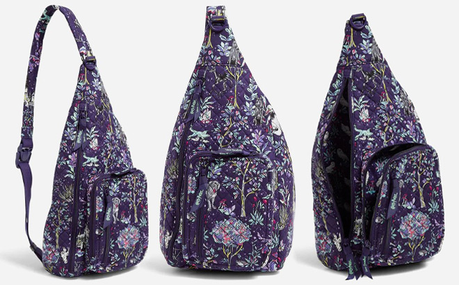 Vera Bradley Harry Potter Sling Backpack Front and Side Views on Gray Background