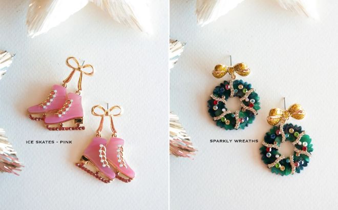 Vintage Inspired Christmas Earrings in Pink Ice Skates on the Left Side and Sparkly Wreaths on the Right Side