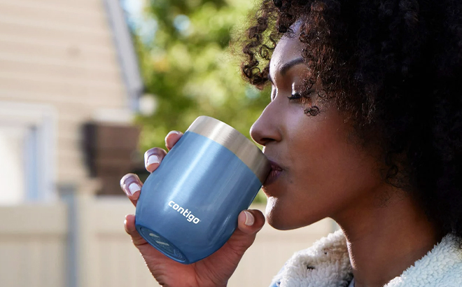 Woman Drinking from a Contigo Dark Ice Stainless Steel Tumbler