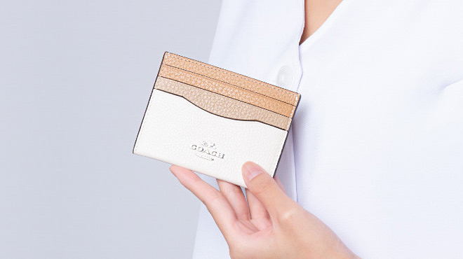 Woman Holding Coach Outlet Slim Id Card Case In Colorblock