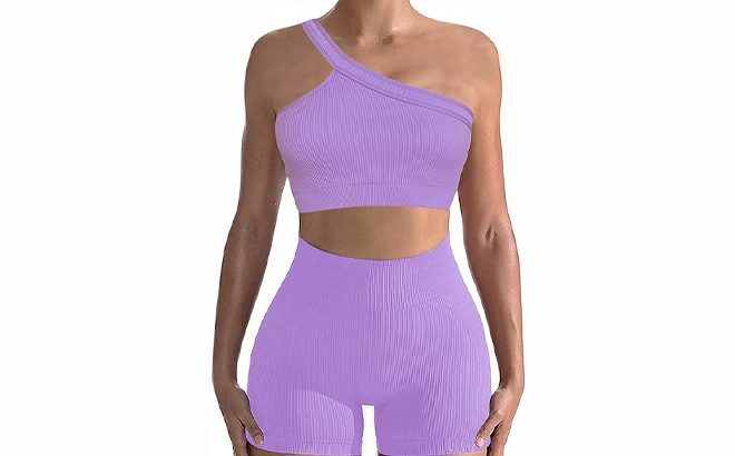 Woman Wearing 2 Piece Sport Set in Purple