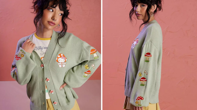 Woman Wearing the Hello Kitty Mushroom Embroidered Skimmer Cardigan