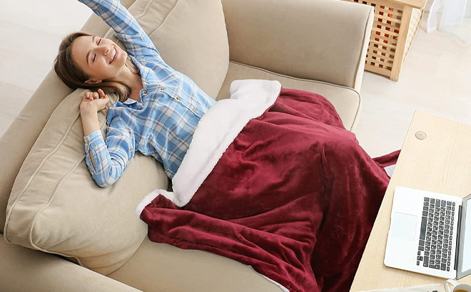 Woman is Enjoying with Flannel Sherpa Electric Blanket