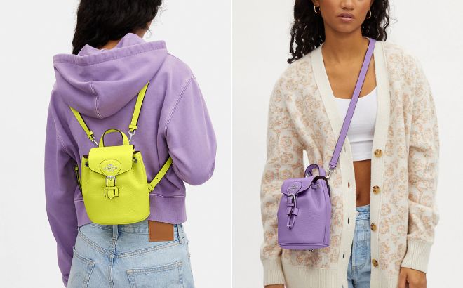 Woman is Wearing Coach Amelia Convertible Backpack in Bright Yellow and Iris Color