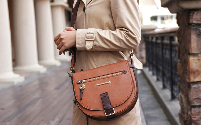 Woman is Wearing Drew Vegan Leather Color Block Womens Shoulder Bag in Cognac Brown Color