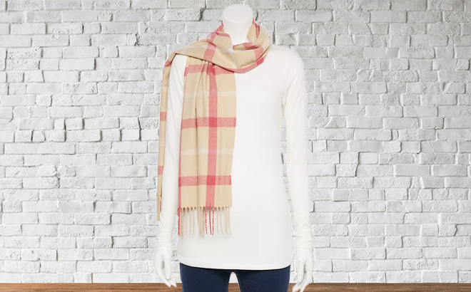 Womens Softer Than Cashmere Beige Plaid Scarf on a Mannequin
