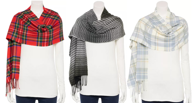 Womens Softer Than Cashmere Beige Plaid Scaves on Mannequins