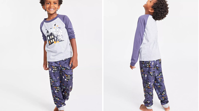 a Boy Wearing a Kids Halloween Pajamas Set