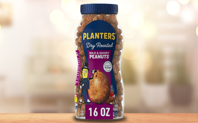 an Image of a Planters Dry Roasted Bold Savory Peanuts on a Wooden Table