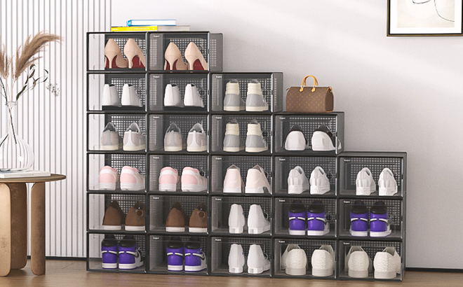 12 Pack Stackable Black Shoe Organizer Boxes