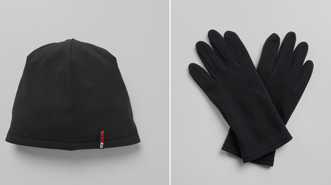 32 Degrees Unisex Heat Fleece Beanies on the left and 32 Degrees Heat Fleece Gloves on the right