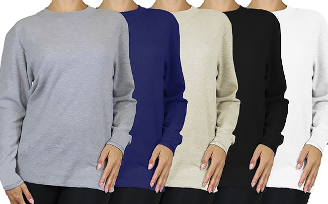 6 Pack Assorted Womens Lightweight Loose Fit Waffle Knit Long Sleeve Thermal Shirts