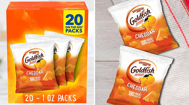 A Box of Goldfish Crackers 20 Count Snack Pack on the Left and Two Packs of the Same Item on the Right