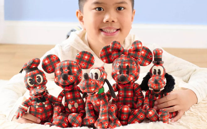 A Boy Playing a Disney Retro Plaid Fleece Plush 5 Piece Set