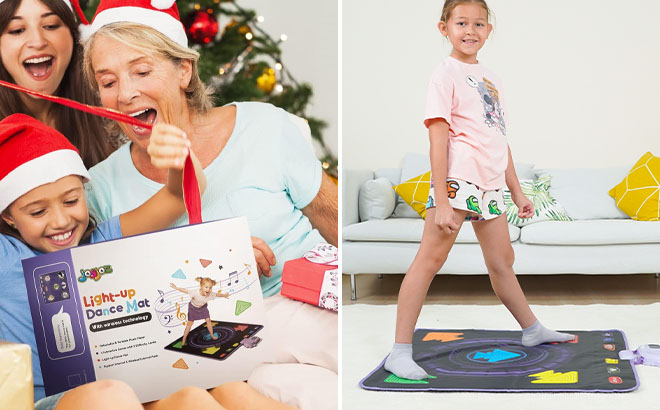 A Girl Holding a Box of Joyjoz Kids Dance Mat and A Girl Playing a Dance Mat